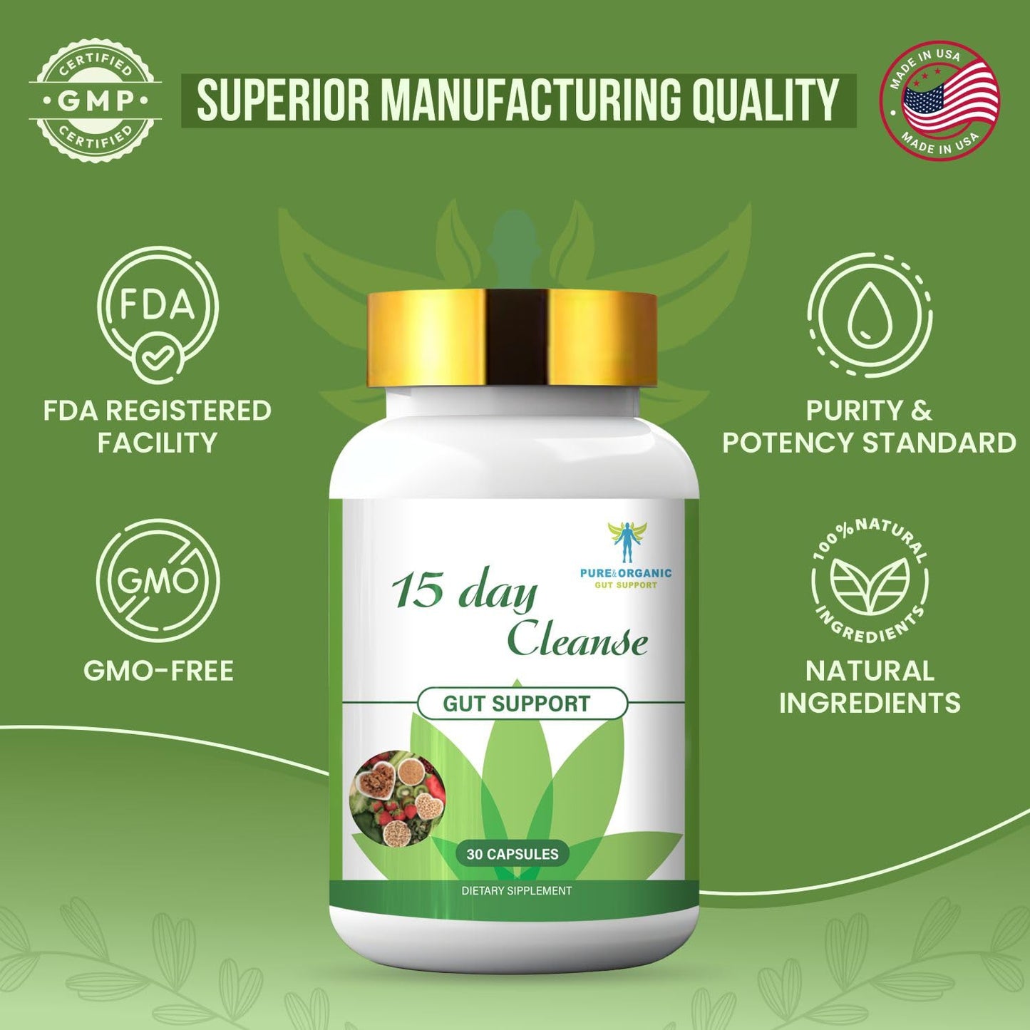 Pure&Organic 15 Days Cleanse for Gut System - Softgel Capsules with Ginkgo Biloba & Ginger (30 Capsules) - Natural Detox, Digestive Health