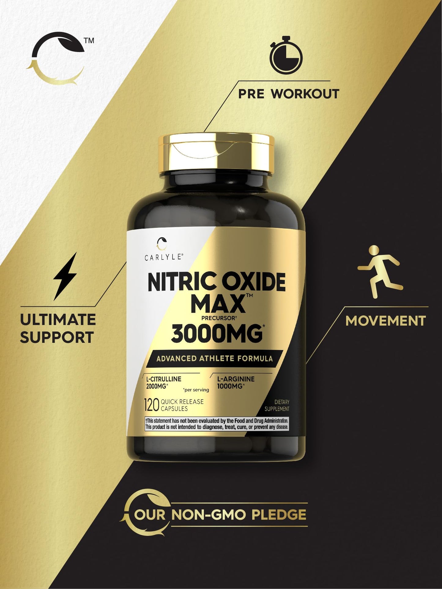 Carlyle Nitric Oxide Supplement 3000mg | 120 Capsules | Pre Workout with L-Arginine & L-Citrulline | Non-GMO, Gluten Free