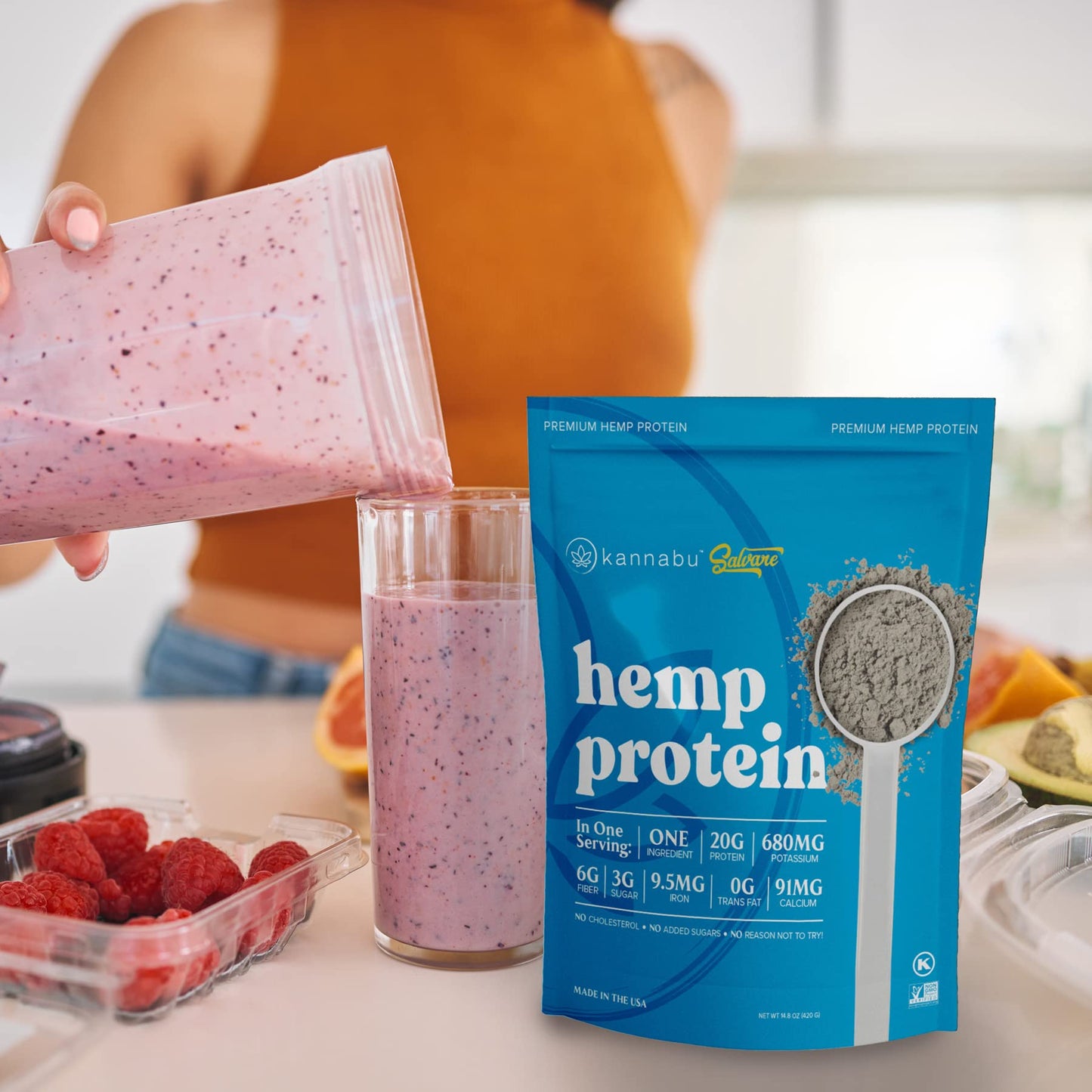 Kannabu Hemp Protein Powder | 20G Plant Protein Per Serving | All Natural Fiber Iron Potassium Magnesium Omega 3 6 9 | Hemp Seeds Superfood | Vegan Gluten Free Kosher Keto (14.8 oz - Pack of 1)