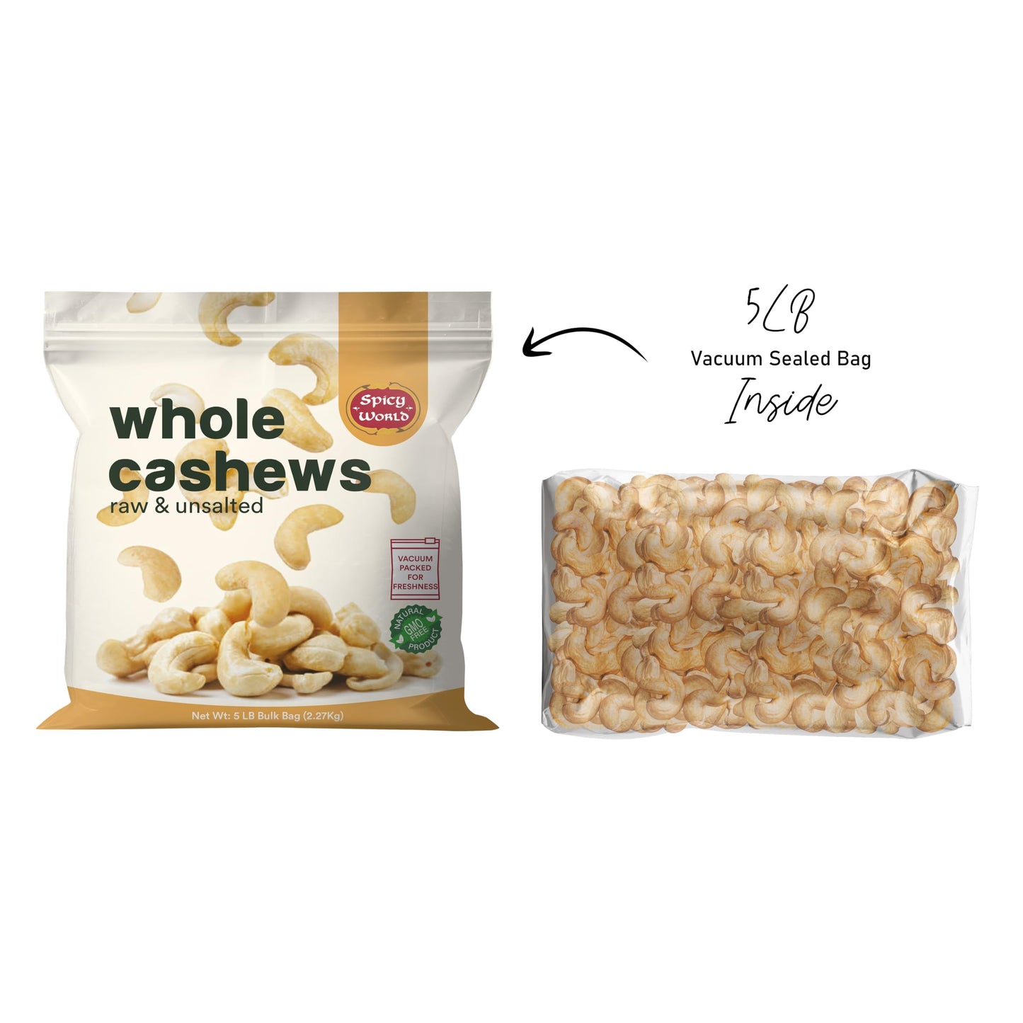 Spicy World Raw Cashews Whole 5 Pound Bulk  Unsalted Natural  Pure No Chemicals