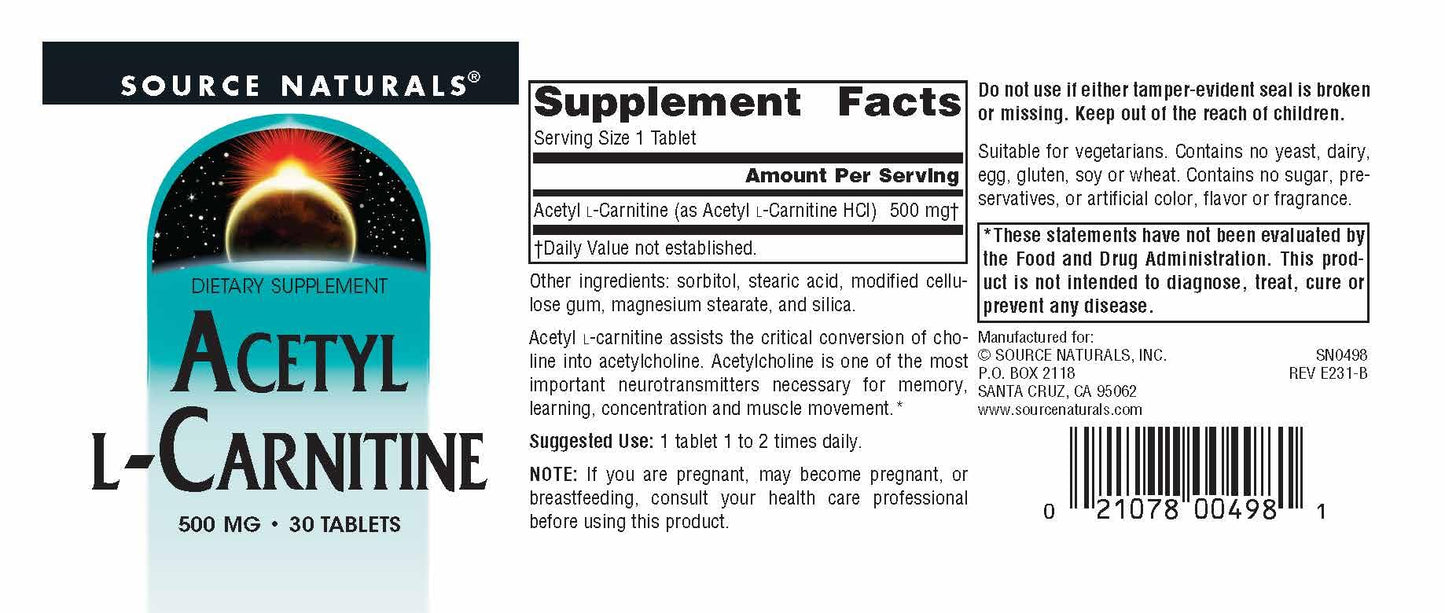 Source Naturals Acetyl L-Carnitine, 500mg, 30 Tablets