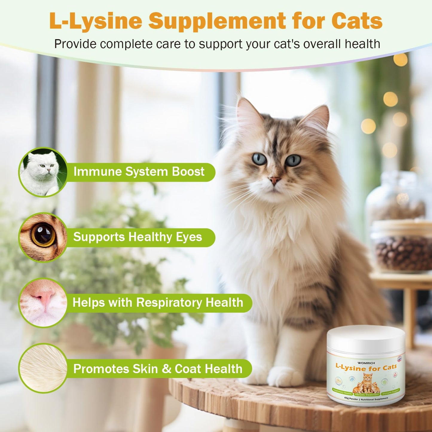 L-Lysine Powder Supplement for Cats Herpes Treatment for Cats - Immune Support & Respiratory Health - Supports Eye & Skin Health - Sneezing, Runny Nose, Squinting, Watery Eyes - 60g
