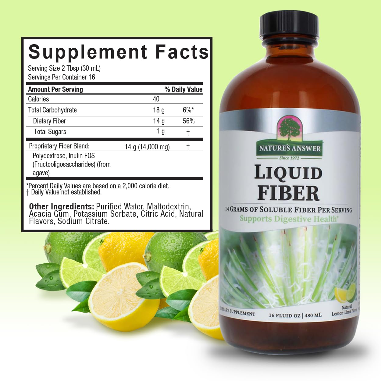 Nature's Answer Fiber Drink 16oz Liquid | Lemon Lime Flavored | Supports Digestive Health | Promotes Regularity | Gluten-Free, Non-GMO, Vegan, No Artificial Flavors or Preservatives | Single Count