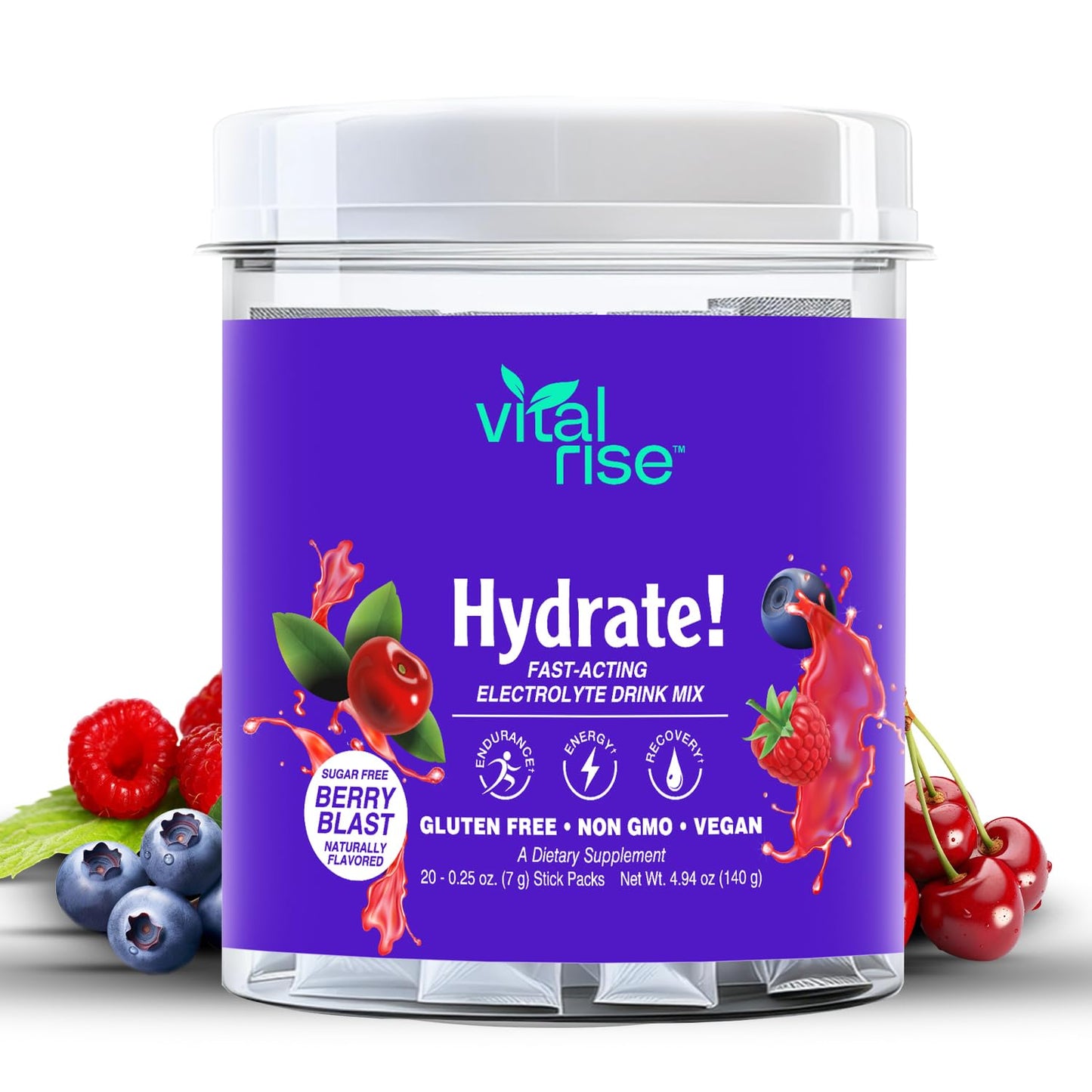 Vital Rise® Hydrate! - Berry Blast - Hydration Powder Packets | Low Sodium Electrolyte Drink Mix | Easy Open Single-Serving Stick | Non-GMO | 20 Servings (Pack of 1)
