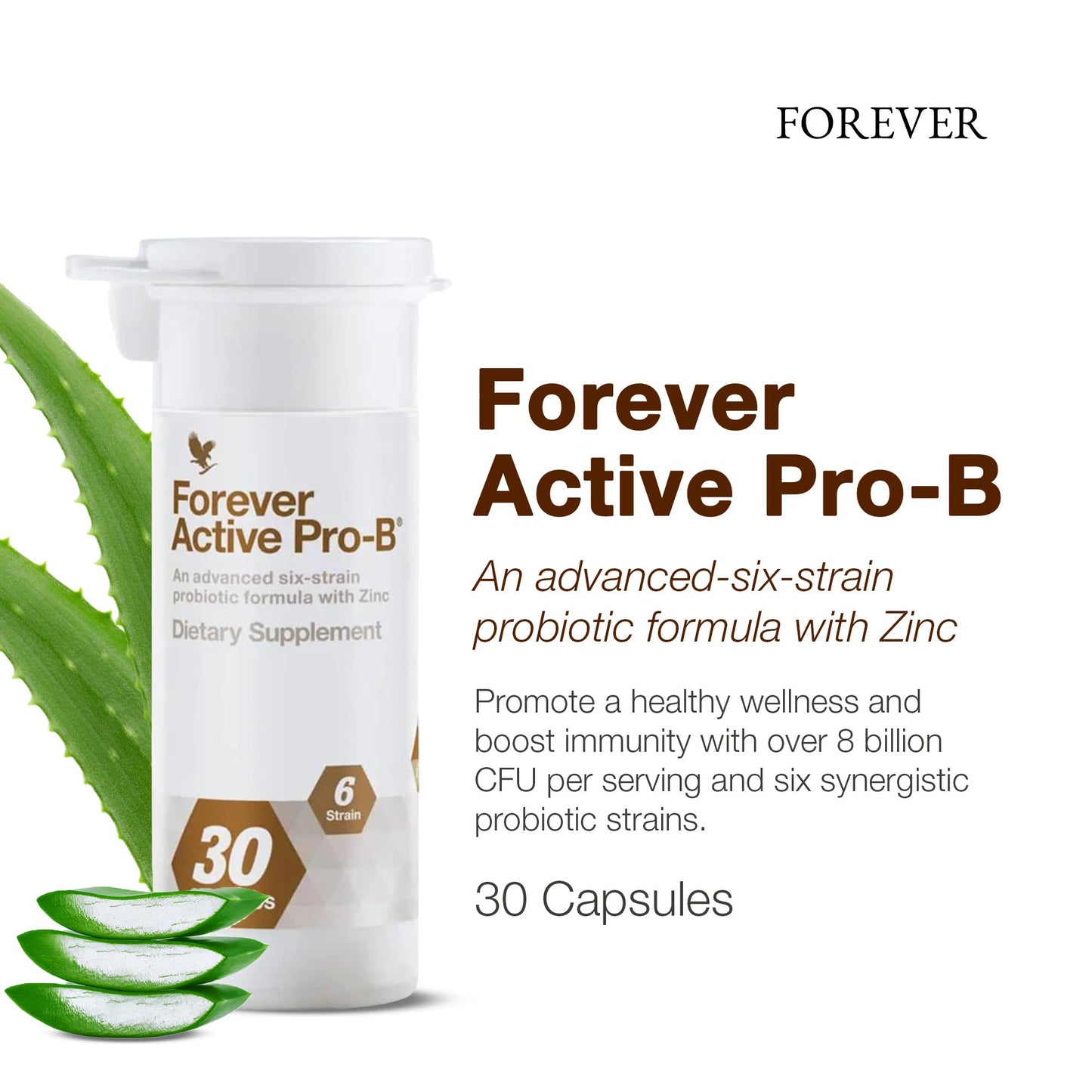 Forever Living - Active Pro-B - Advanced Probiotic with 8 Billion CFU and 6 Synergistic Strains - Soy and Gluten-Free - 30 Capsules
