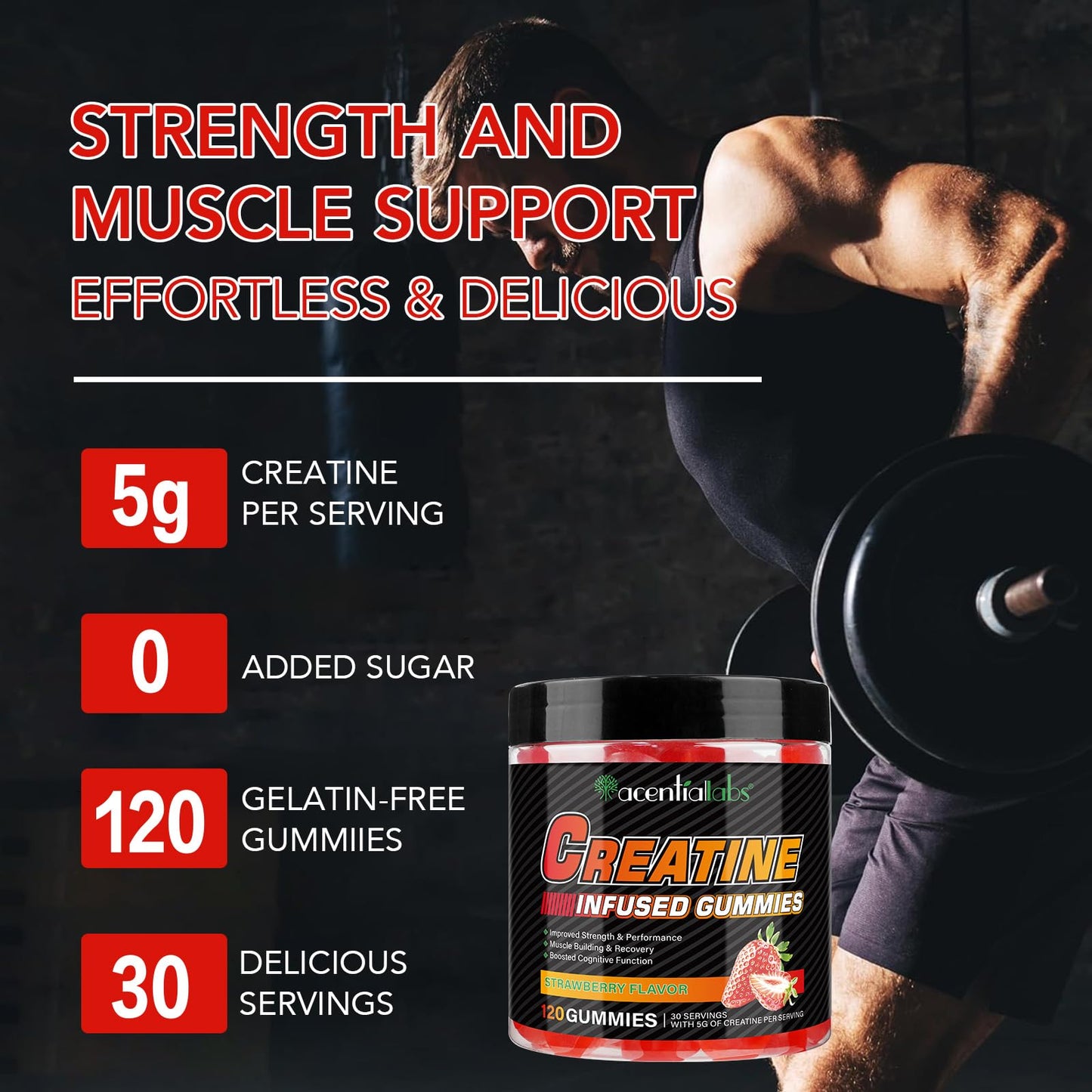 Creatine Monohydrate Gummies 5000mg for Men & Women, Creatine Monohydrate, L-Taurine, Vitamin B12 for Muscle Growth, Strength, Focus, Energy & Health, Sugar Free, Vegan, Strawberry Flavor, 120 Count