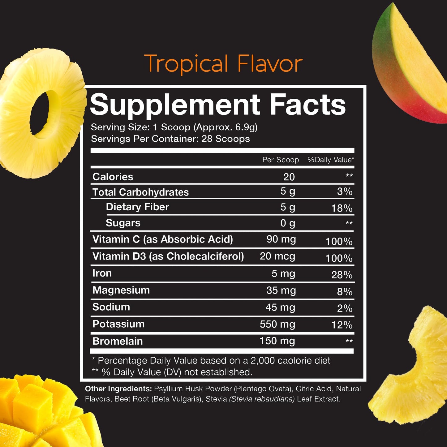 Pinch Magic Fiber Supplement Powder | Tropical Flavored Psyllium Husk Powder for Digestive Health & Gut Support | Sugar Free Supplement for Keto & Vegan Diets | USA-Made | 28-Day Supply