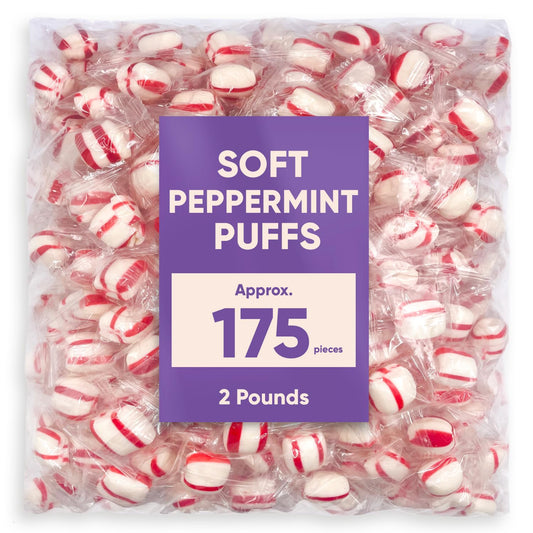 Soft Peppermint Candy Puff Christmas Mints  2 Pounds Approx 175 Pieces  Mints Individually Wrapped Christmas Candy