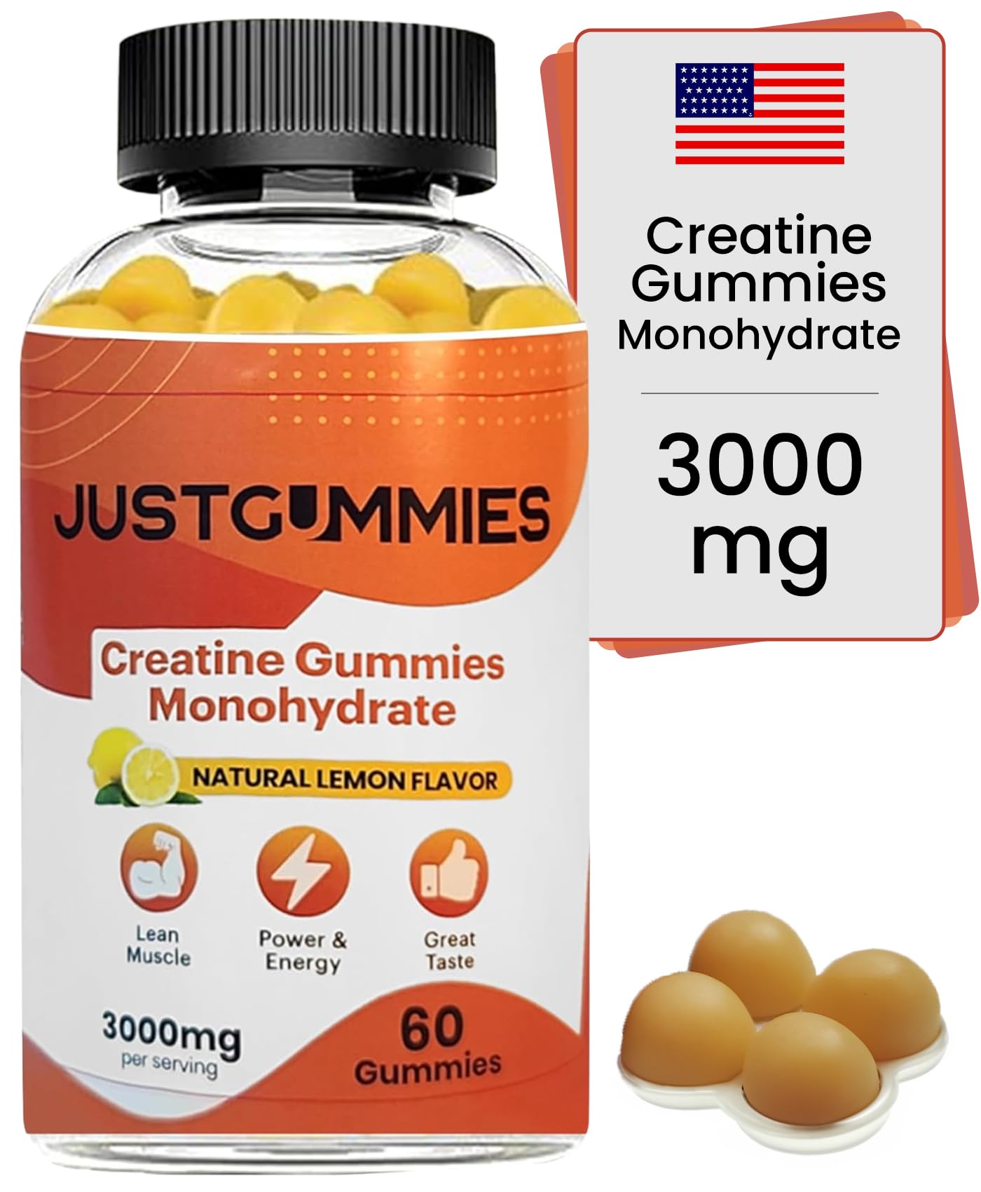 JustGummies Creatine Monohydrate Gummies 3000 mg Per Serving | Creatine Infused Gummies to Increase Strength and Build Muscle, Vegan, Lemon Flavor, 60 Count