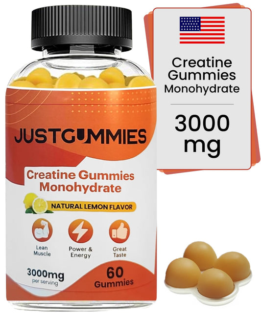 JustGummies Creatine Monohydrate Gummies 3000 mg Per Serving | Creatine Infused Gummies to Increase Strength and Build Muscle, Vegan, Lemon Flavor, 60 Count