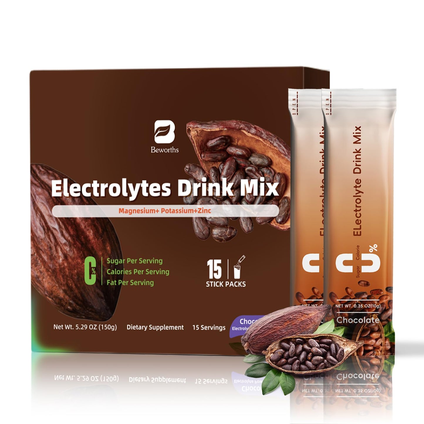 B BEWORTHS Electrolytes Powder Packets for Electrolyte Drink Mix | Sugar-Free Electrolytes Packets with Vitamins & Magnesium Replenish Hydration & Energy Boost - 15 Sticks