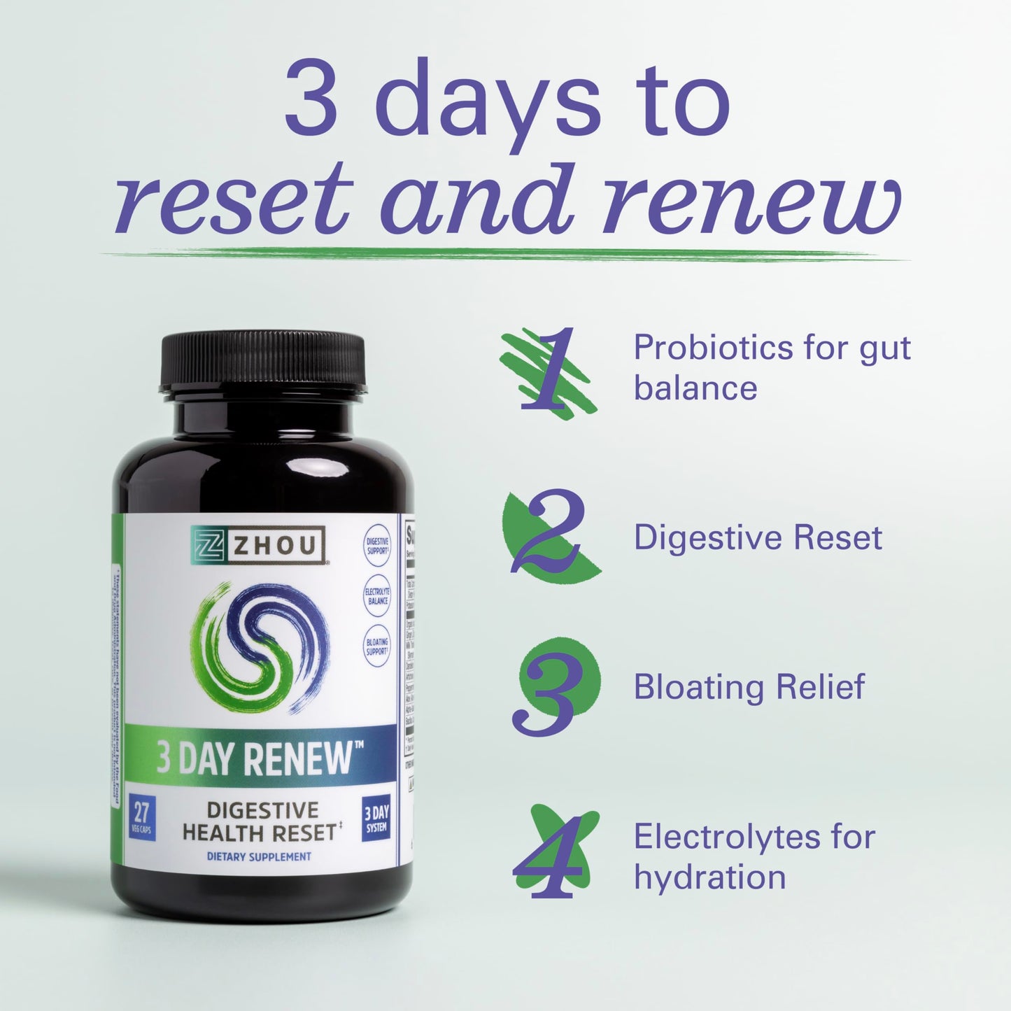 Zhou 3 Day Renew Digestive Health Reset, Bloating Aide, Alpha-Galactosidase, Probiotics, Electrolytes, 27 Veg Caps