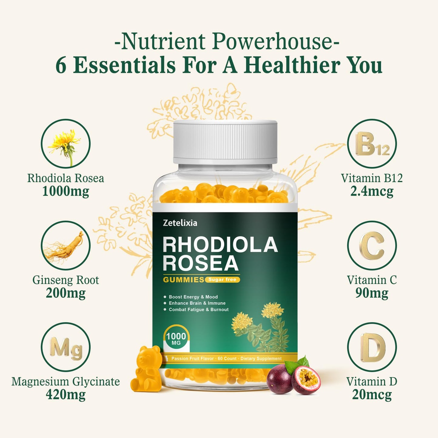Zetelixia Organic Rhodiola Rosea Gummies 1000mg, Rhodiola Rosea Supplement for Women & Men, Sugar-Free, Non-GMO, Vegan, 120 Count