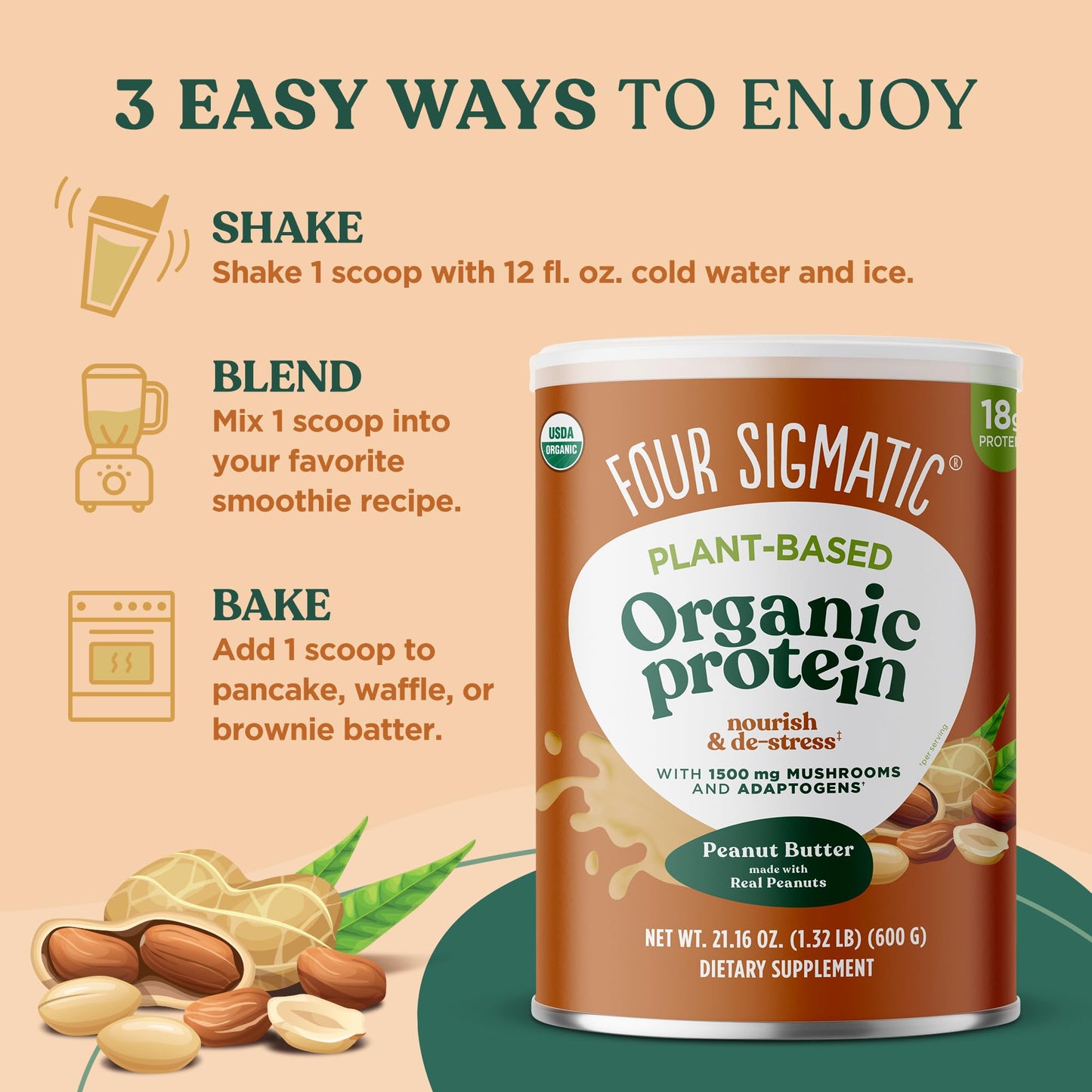 Four Sigmatic Organic Plant-Based Protein Powder Peanut Butter Protein with Lion’s Mane, Chaga, Cordyceps and More | Clean Vegan Protein Elevated for Brain Function and Immune Support | 21.16 oz