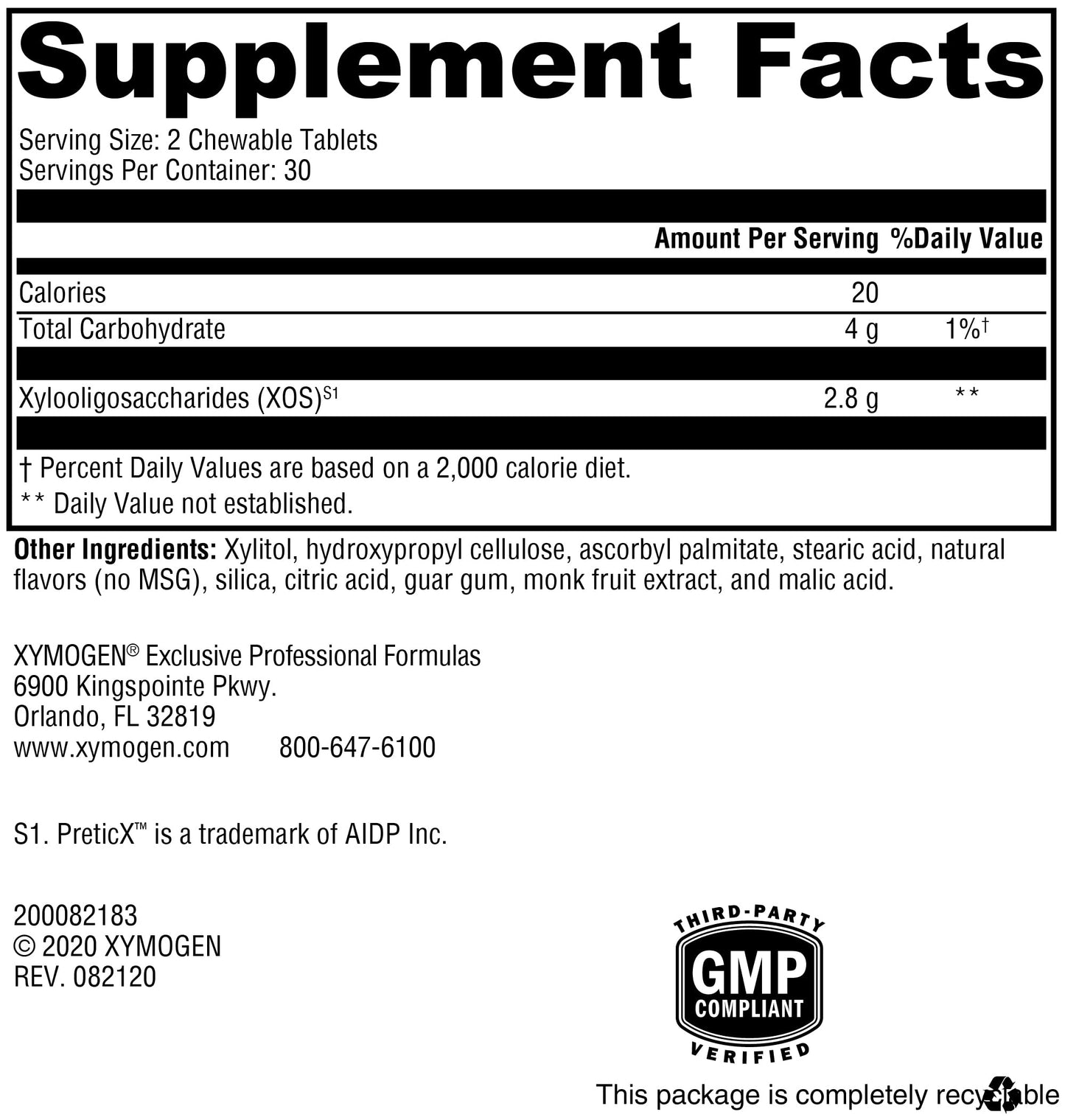 XYMOGEN PrebioMax Prebiotic Fiber Supplement - Xylooligosaccharides (XOS) to Help Maintain Digestive Health + Support Healthy Microbial Activity in The GI Tract - Sour Apple (60 Chewable Tablets)