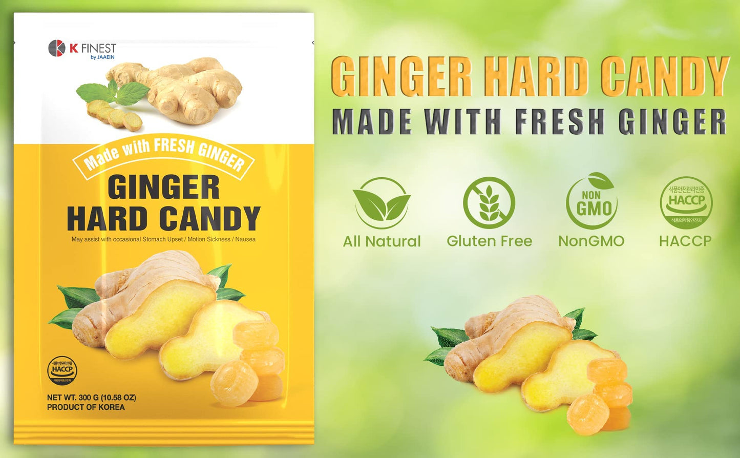 Jaaein Ginger Hard Candy Made with Fresh Ginger Extra Strength Flavor AntiNausea and Digestion Aid Individual Wrapped Product of Korea_300 grams_1058oz
