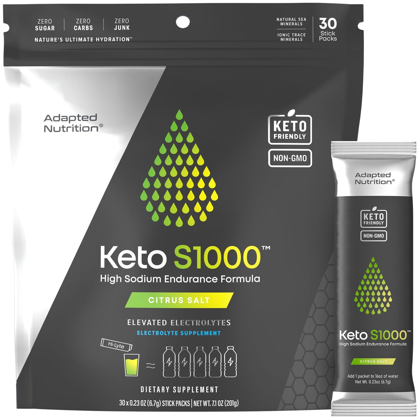 Keto S1000 Electrolyte Powder Packets | Keto and Paleo Friendly | No Sugar, Calories, Maltodextrin | Clean | 30 Citrus Salt Hydration Stick Packs