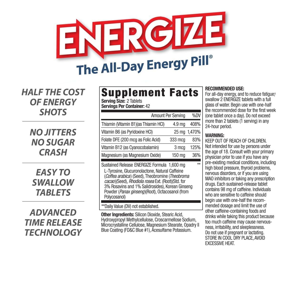Energize Caffeine Pills, Fast Acting All Day Energy Pills & Natural Nootropics Support Supplement with Time Release Caffeine, Energy Support for Men and Women, No Jitters, No Crash (84 Tablets)