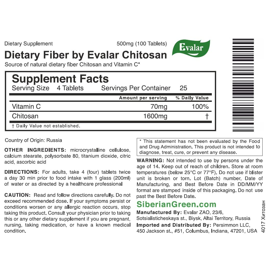 Evalar Siberian Dietary Fiber Chitosan 100 Tabs
