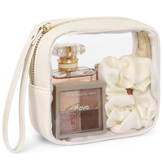 PACKISM Small Clear Makeup Bag - Pebbled Texture & Frameless PU Leather Clear Mini Makeup Bag for Purse, Cosmetic Bag Car Bag for Essentials for Women Gift Daily Use (Beige Mini)
