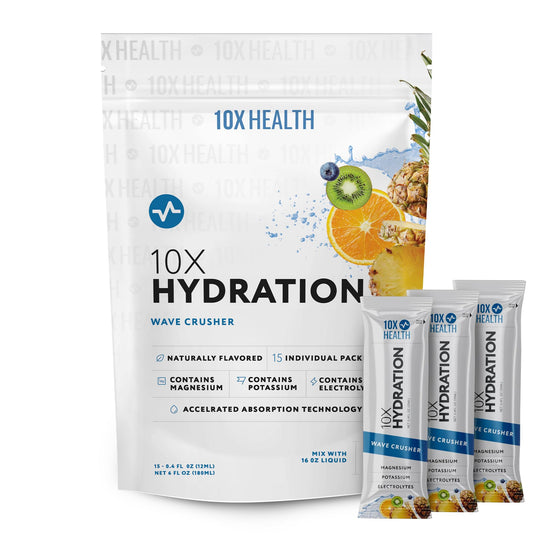 10X Health Hydration Packets Wave Crusher Electrolyte Drink Mix Liquid 15 Stickpacks with Magnesium Citrate, Sodium & Potassium - Natural Flavored Electrolyte