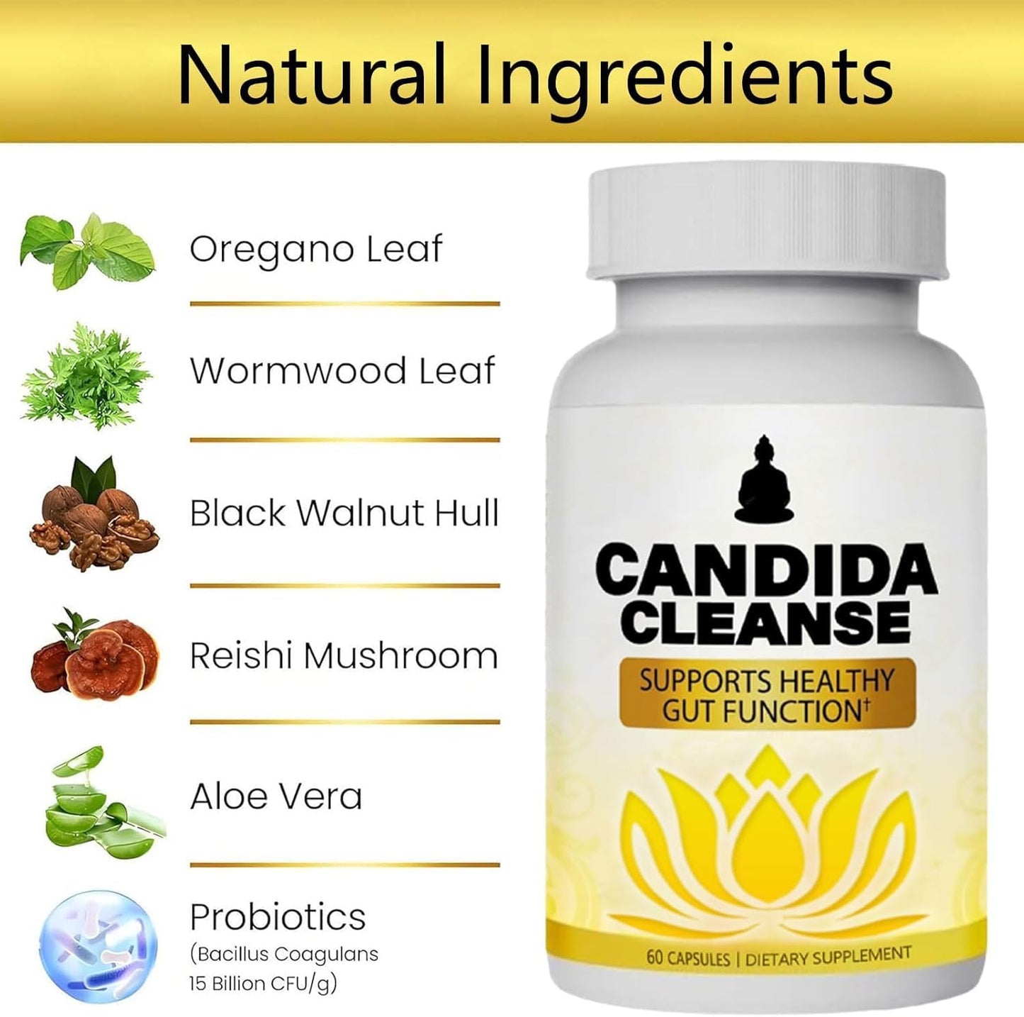 Candida Cleanse, Gut & Colon Support, Advanced Probiotic & Herbal Formula, Oregano Leaf, Wormwood, Black Walnut, Caprylic Acid-1 for Men & Women, 60 Capsules
