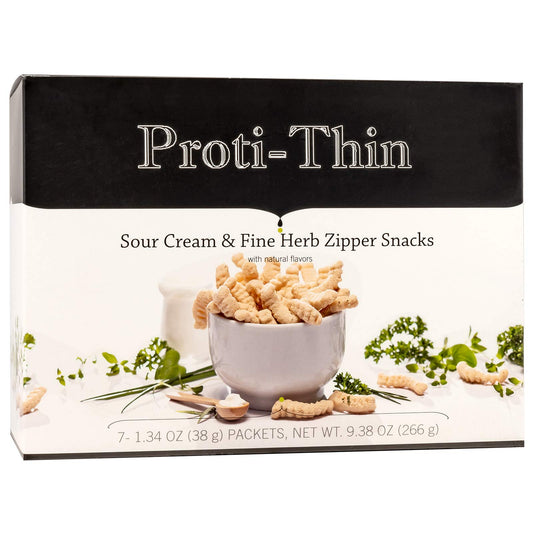 Proti-Thin High Protein Sour Cream & Fine Herb Zipper Snacks, 15g Protein, Low Calorie, Low Fat, Low Sugar, No Gluten Ingredients, Aspartame Free, Ideal Protein Compatible, 7 Count Box