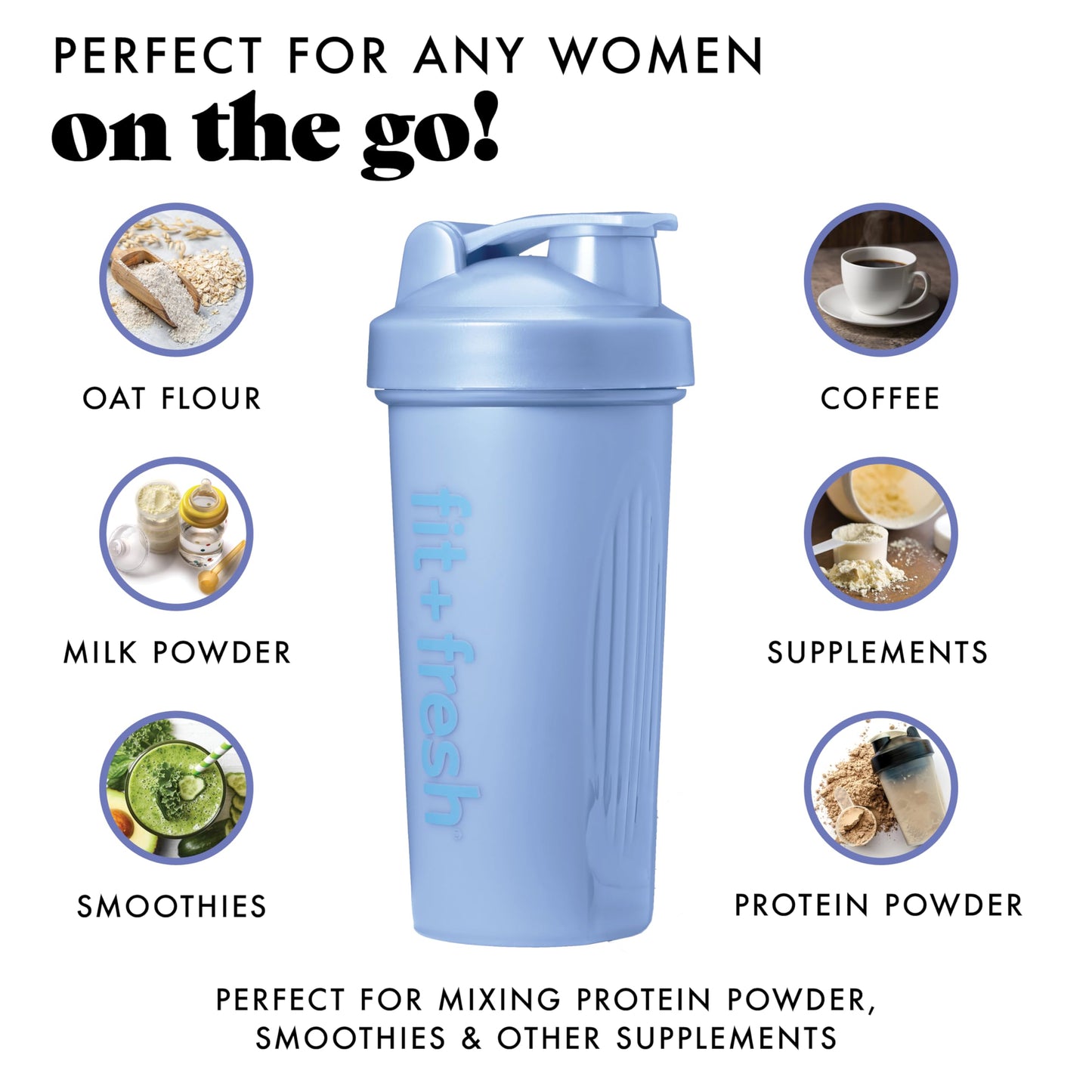 Fit & Fresh Shaker Bottle, Leak Proof Sports Blender Bottle Easy to Clean, Durable Protein Shaker Cup 24 oz.with Unique Agitator for Smooth Mixing, Cornflower Blue