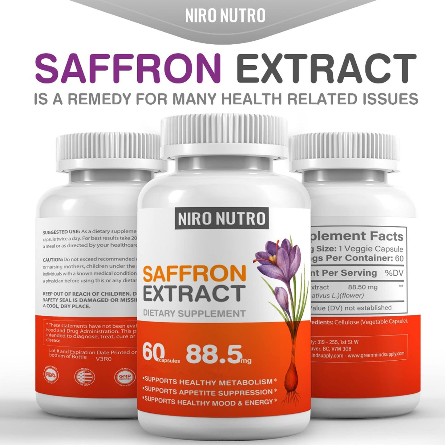 Niro Nutro Saffron Supplements, Organic Saffron Extract Capsules for Eyes & Heart Health, Appetite Suppressant for Weight Loss Women, Supports Immune System, Metabolism Booster, Non-GMO