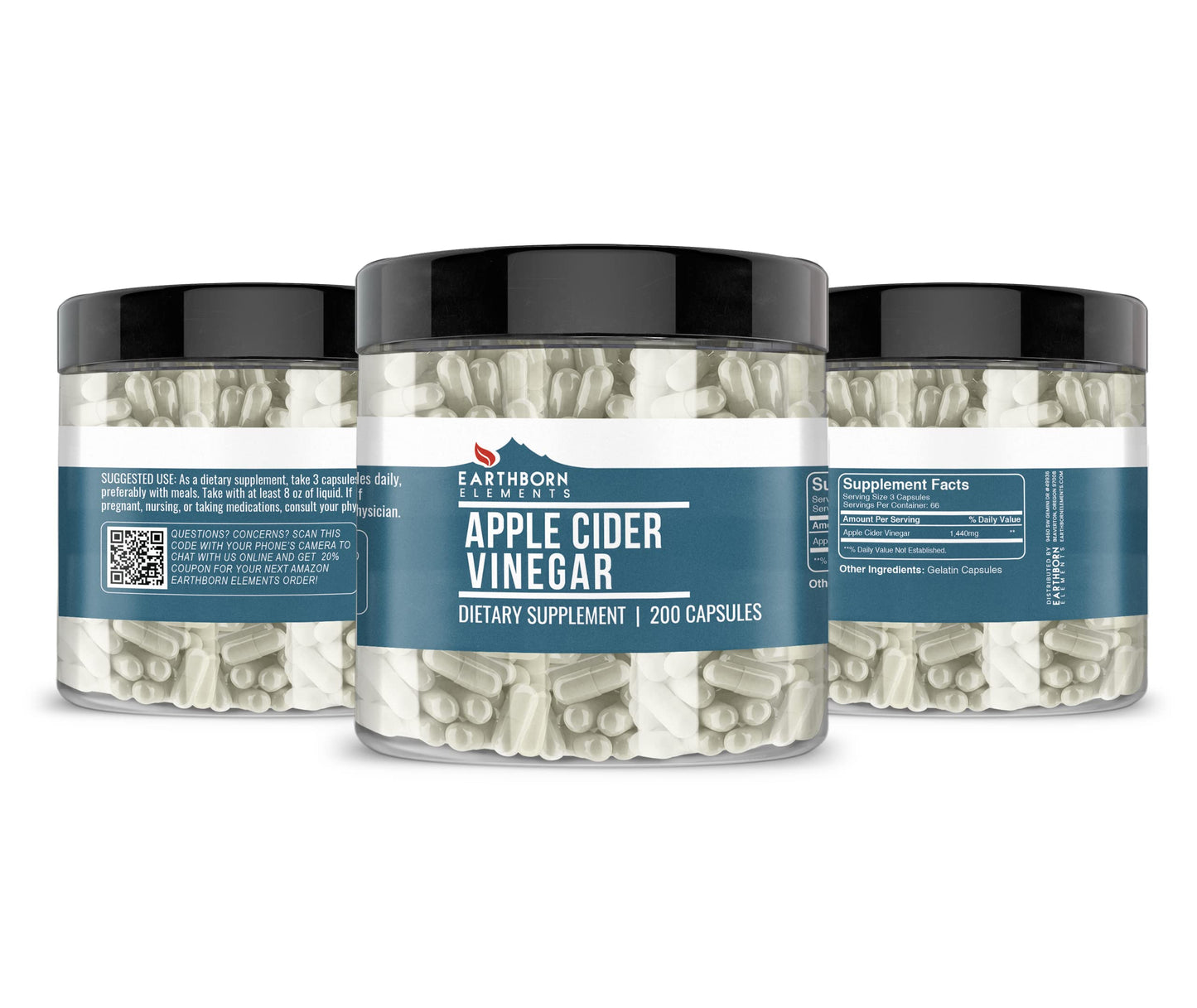Earthborn Elements Apple Cider Vinegar 200 Capsules, Pure & Undiluted, No Additives