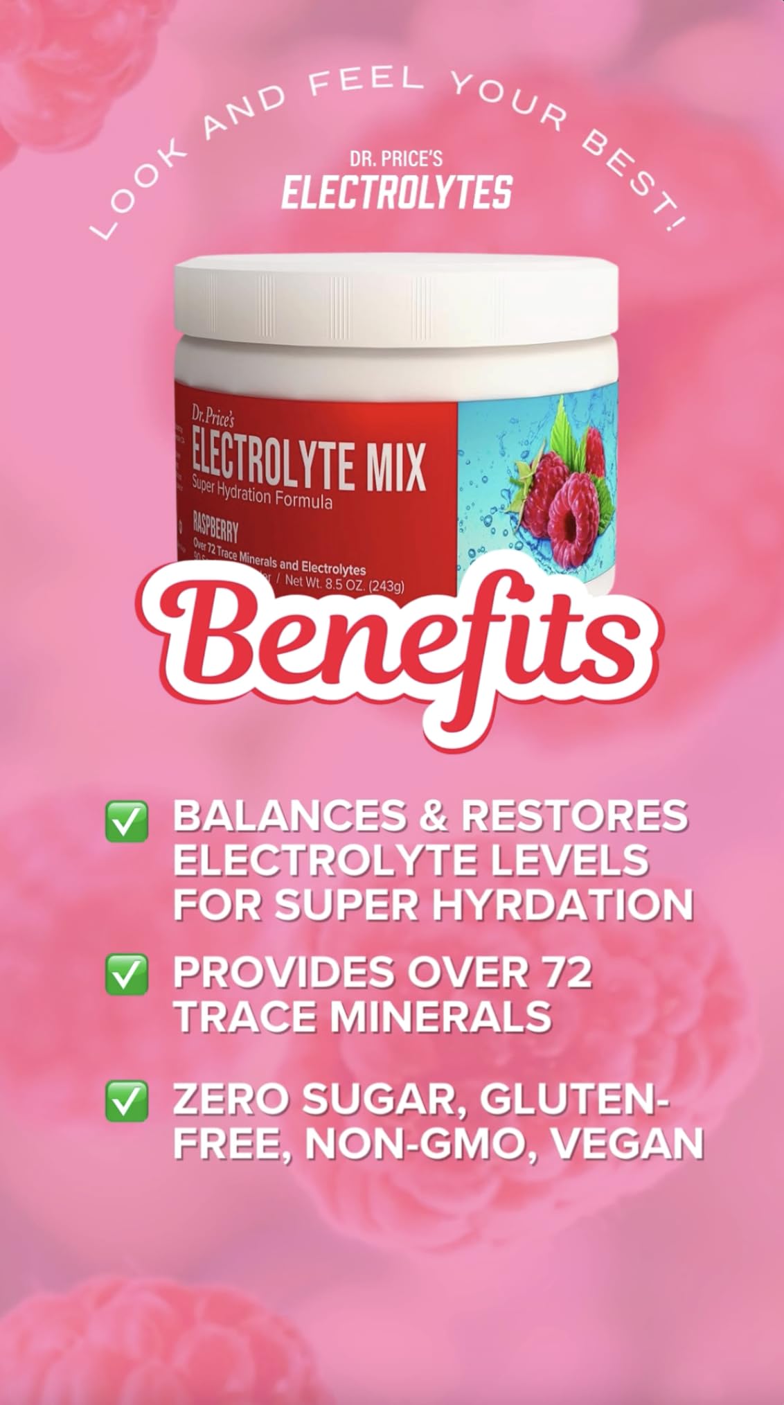 Dr. Price Electrolytes Powder No Sugar - Electrolyte Mix - Hydration Drink - Keto Electrolytes - Fasting Electrolytes - Water Enhancer, Non-GMO, Gluten Free, Sports Drink - 90 Servings - Raspberry