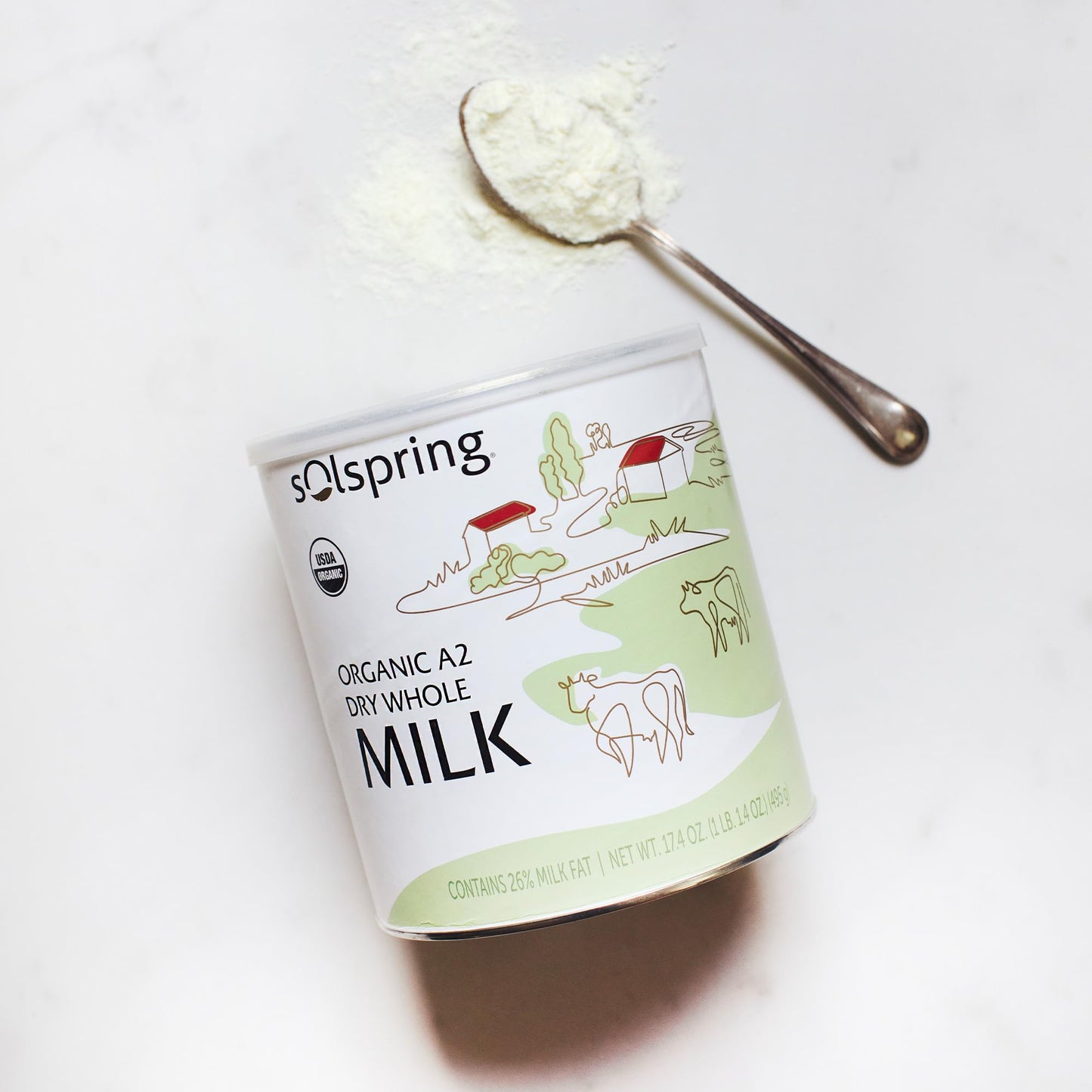 Solspring Organic A2 Dry Whole Milk 15 Servings 174 Oz 495 g Contains 26 Milk Fat Gluten Free Soy Free Certified USDA Organic Dr Mercola