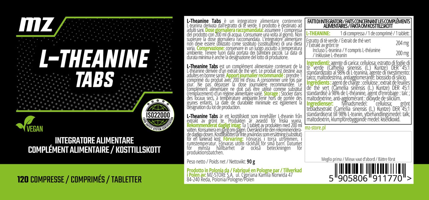 L-Theanine 200 mg - 120 Vegan Tablets - 4 Months Supply - Amino Acid Supplement for Daily Mental Calm and Clarity - by MZ