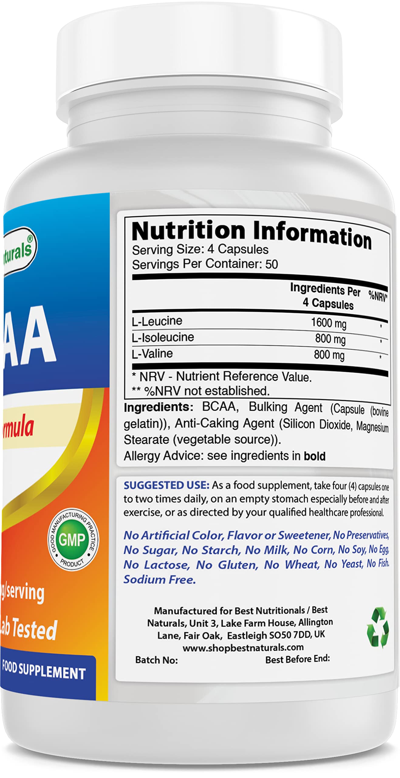 Best Naturals BCAA Branch Chain Amino Acid, 3200mg per Serving, 200 Capsules - Pharmaceutical Grade - 100% Pure Instantized Formula | Pre/Post Workout Bodybuilding Supplement | Boost Muscle Growth
