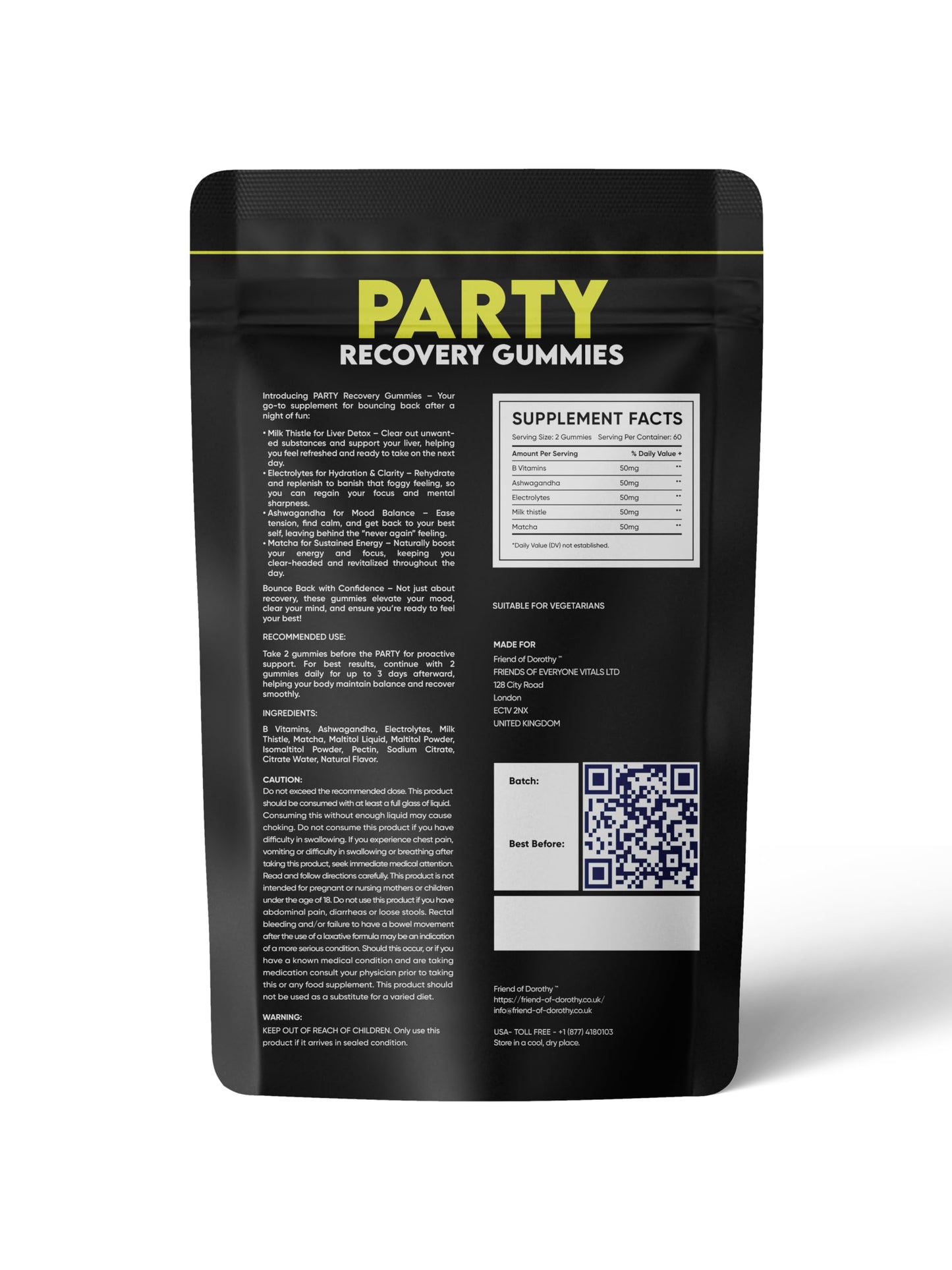 Party Recovery Gummies - Detox, Hydration & Energy Boost with Electrolytes & Matcha - Reduce Brain Fog & Support Mood - 60 Gummies per Pack