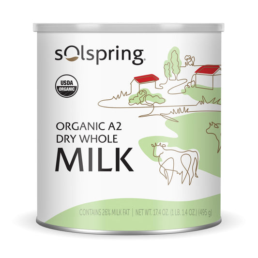 Solspring Organic A2 Dry Whole Milk 15 Servings 174 Oz 495 g Contains 26 Milk Fat Gluten Free Soy Free Certified USDA Organic Dr Mercola