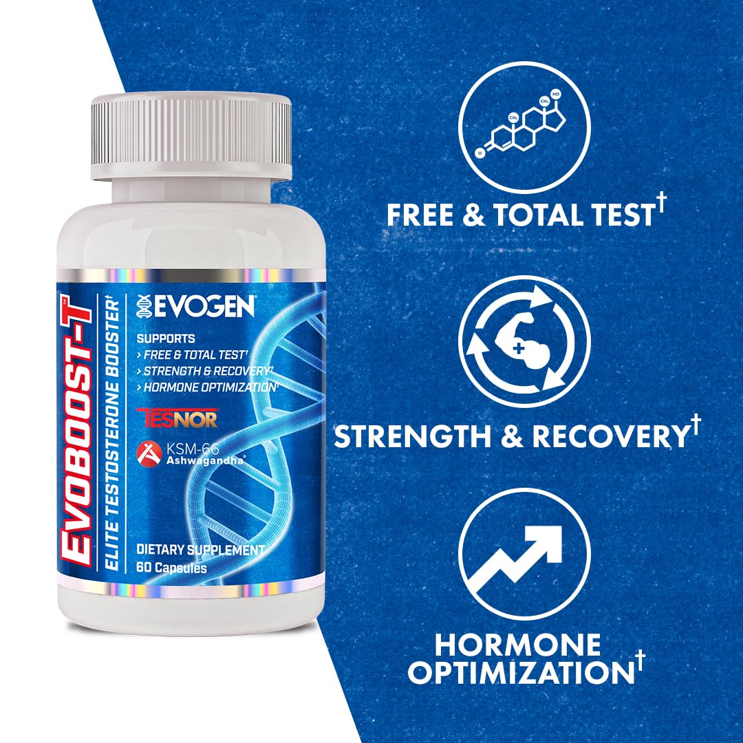 Evogen Evoboost-T - Elite Testosterone Booster for Men | Testosterone Supplement for Men Supporting Free & Total Testosterone, Strength, & Hormone Optimization | Ashwagandha, Tesnor, DIM | 60 Capsules