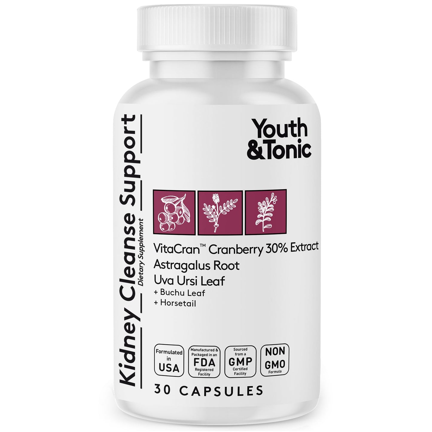 Youth & Tonic Kidney Cleanse & Detox Supplement with Cranberry Extract - Supports Urinary Tract Health, Bladder and Kidney Health - Vegan, Non-GMO - 30 Vegetarian Pills