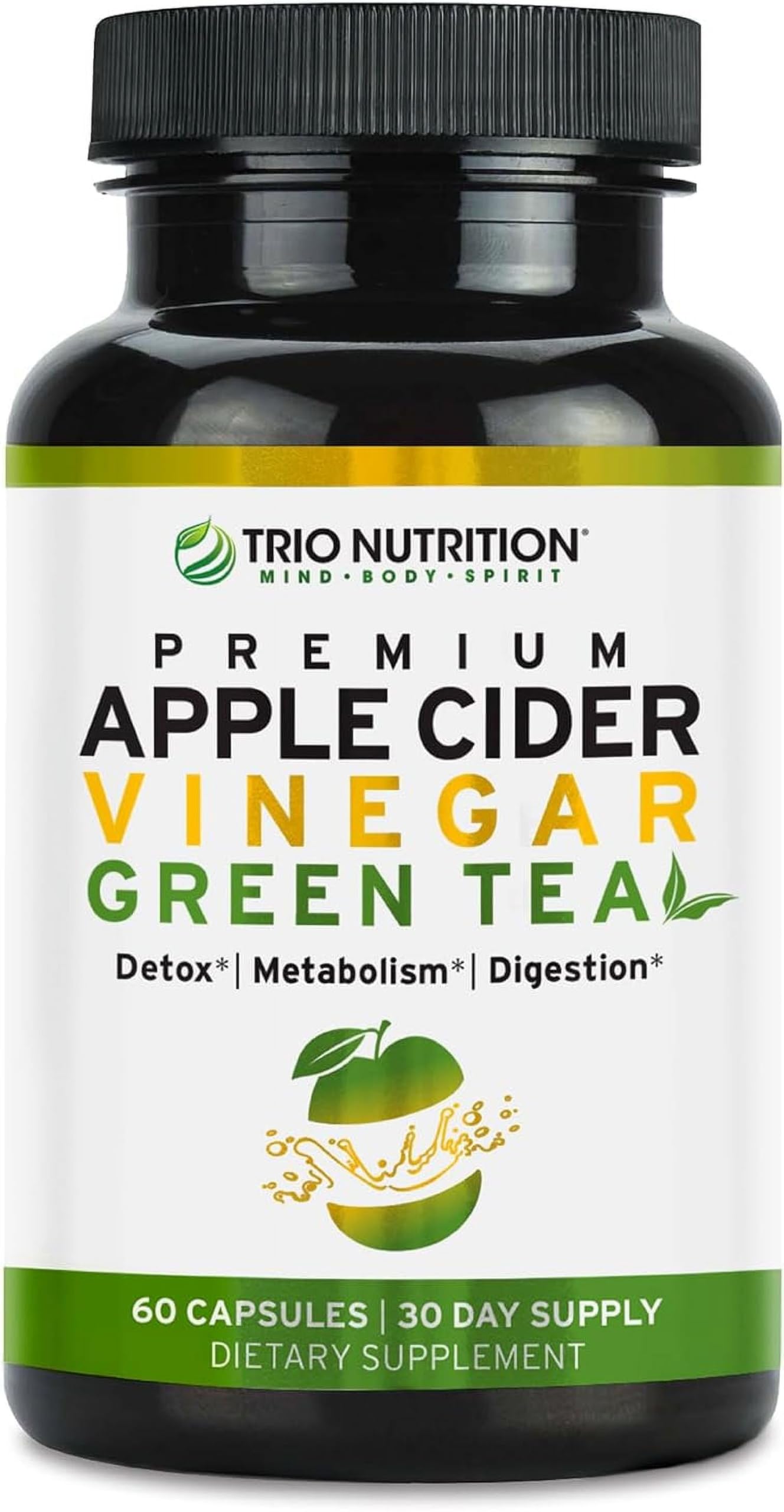 TRIO NUTRITION Apple Cider Vinegar Capsules with Green Tea - Natural Sugar Free Apple Cider Vinegar Pills with The Mother for Body Cleanse, Immune, Weight Management & Metabolism Support*