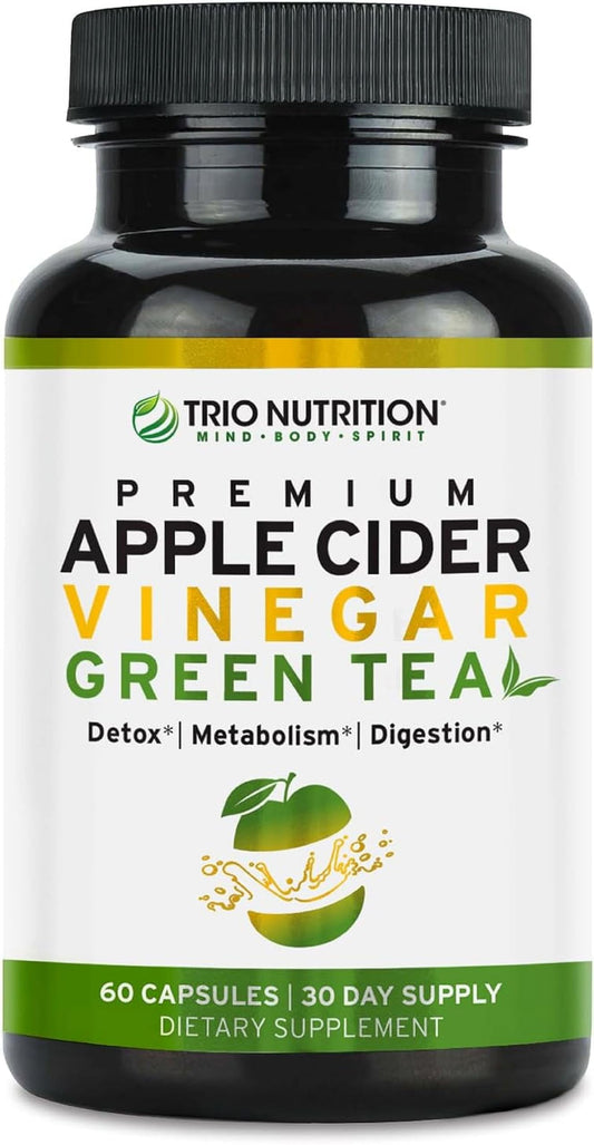 TRIO NUTRITION Apple Cider Vinegar Capsules with Green Tea - Natural Sugar Free Apple Cider Vinegar Pills with The Mother for Body Cleanse, Immune, Weight Management & Metabolism Support*