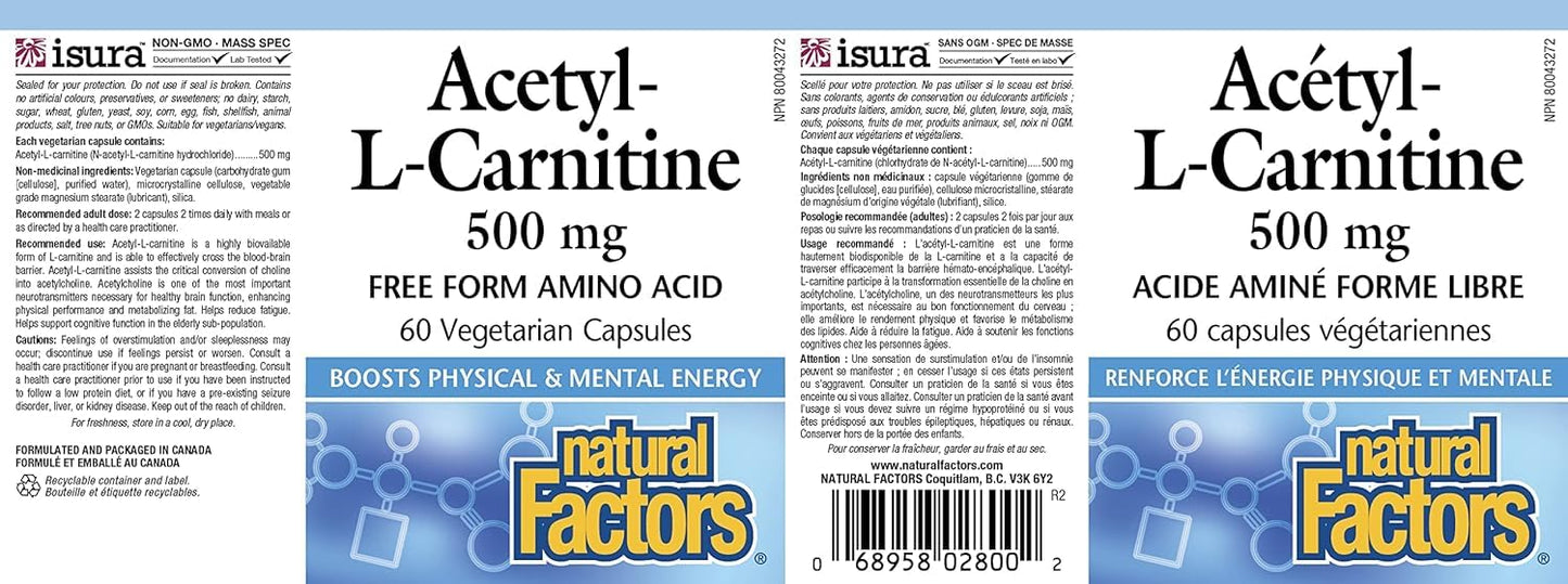 Natural Factors Acetyl L-Carnitine 500 milligrams, 60 Vegetarian Capsules