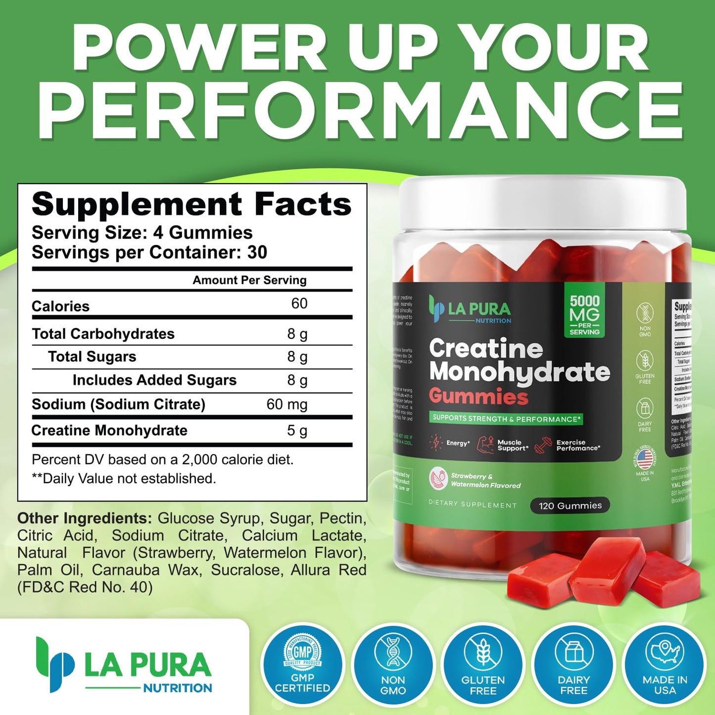 LaPura Creatine Monohydrate Gummies for Men & Women, 5000mg Pure Creatine Monohydrate per Serving - Energy, Muscle & Exercise Performance Support - 120 Gummies - Strawberry & Watermelon Flavor