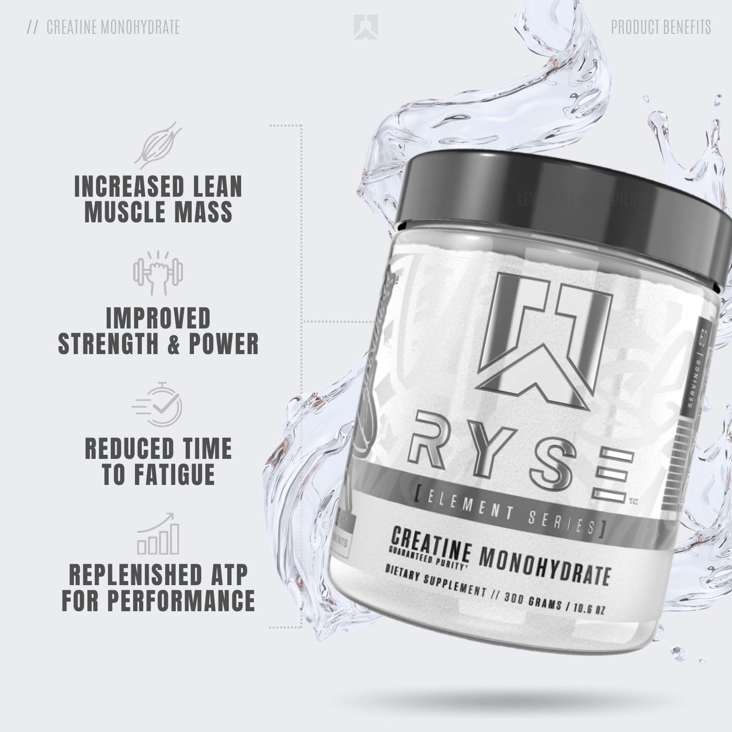 Ryse Element Series Creatine Monohydrate Powder - Unflavored - Supports Lean Muscle Growth, Strength, Power, and Endurance - Helps Reduce Fatigue and Improve Workout Recovery - 60 Servings