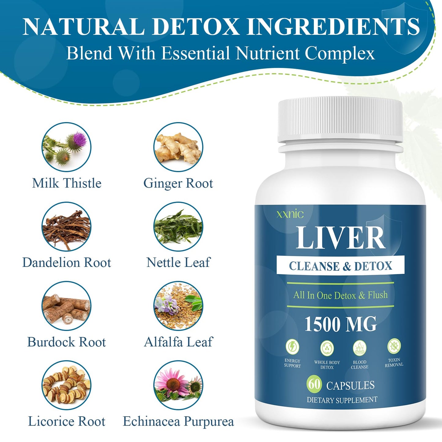 xxnic 120 Capsules (60Caps * 2) Liver Cleanse and Detox & Repair, 1500 MG Liver Detox Cleanse Supplement, Natural Herbal Formula for Liver Health, Fast Toxins Removal