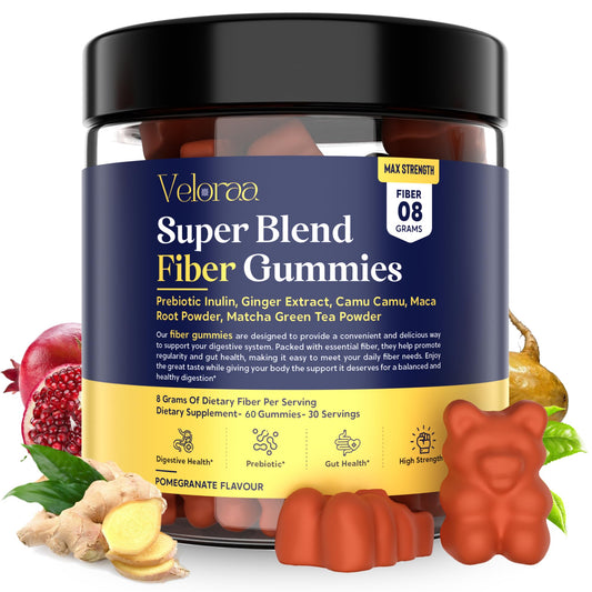 Veloraa Super Blend Fiber Gummies for Adults - 8g Prebiotic Fiber Gummies, Supports Digestive Health, Bloating Relief & Wellness, Infused with Ginger, Camu Camu & Matcha, Strawberry Flavor - 60 Count
