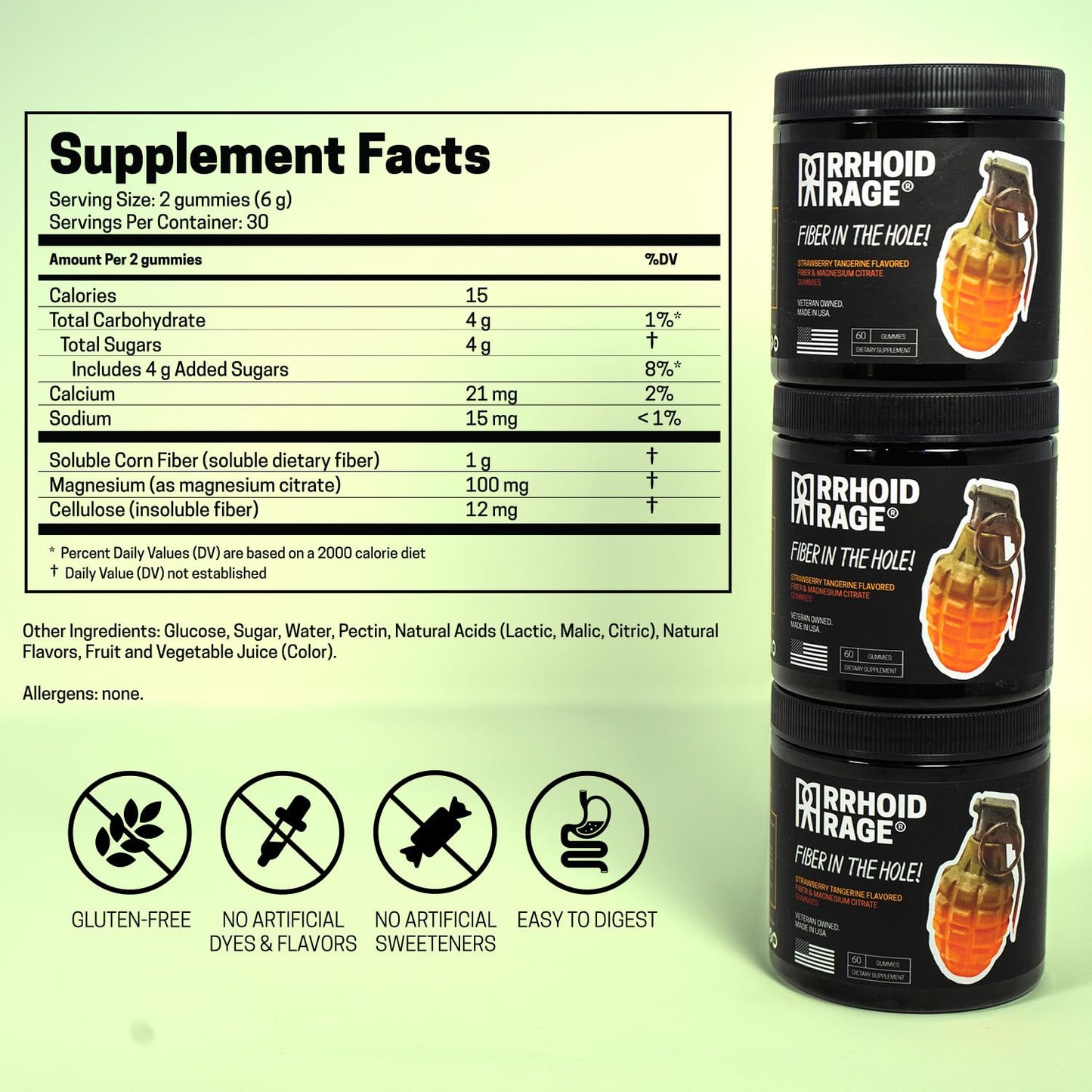 Rrhoid Rage - Fiber and Magnesium Gummies, Made in USA, Supports Digestive Health, Relieves Constipation, Helps Prevent Hemorrhoids, Has Both Soluble and Insoluble Fiber, 60 ct (1)