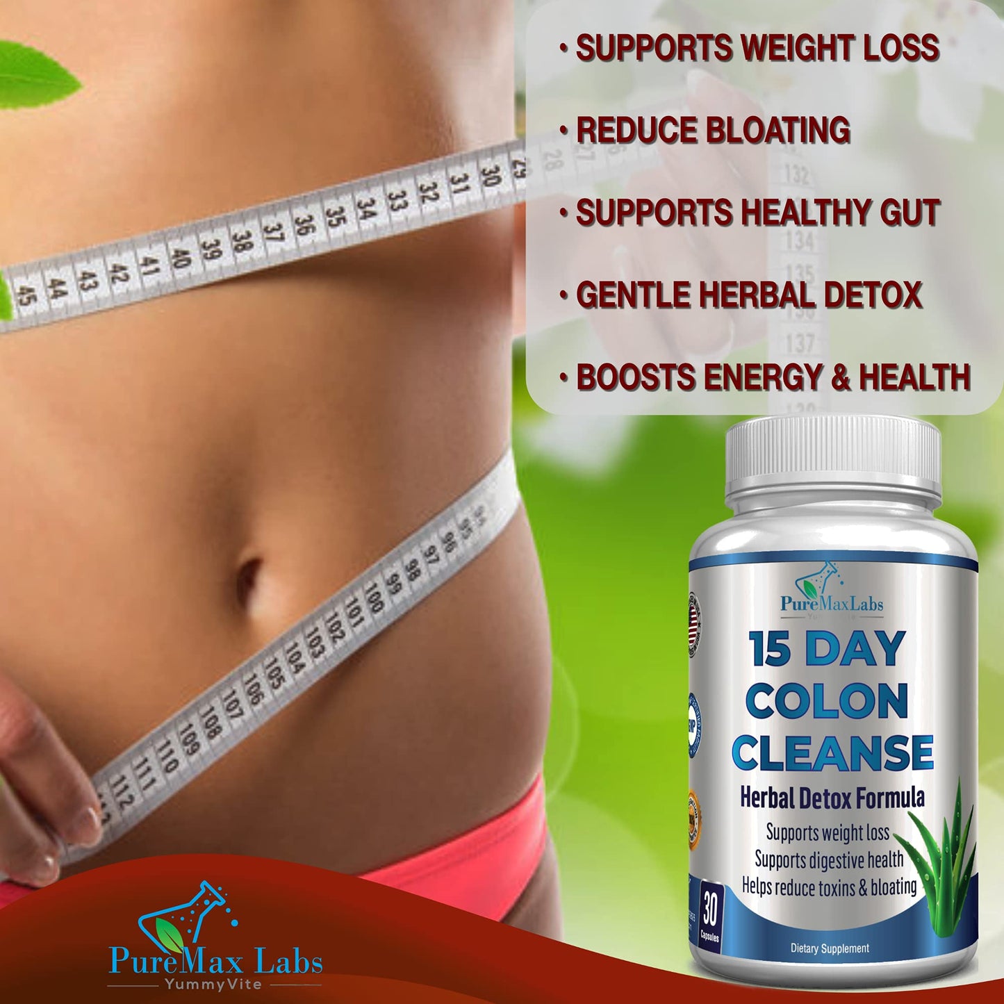 YUMMYVITE 15 Day Colon Cleanse and Detox, Herbal Detox Formula, Supports Weight Loss, Constipation Relief - Boosts Energy. Flush Toxins, Natural Safe Colon Cleanser for Men and Women - 30 Capsules