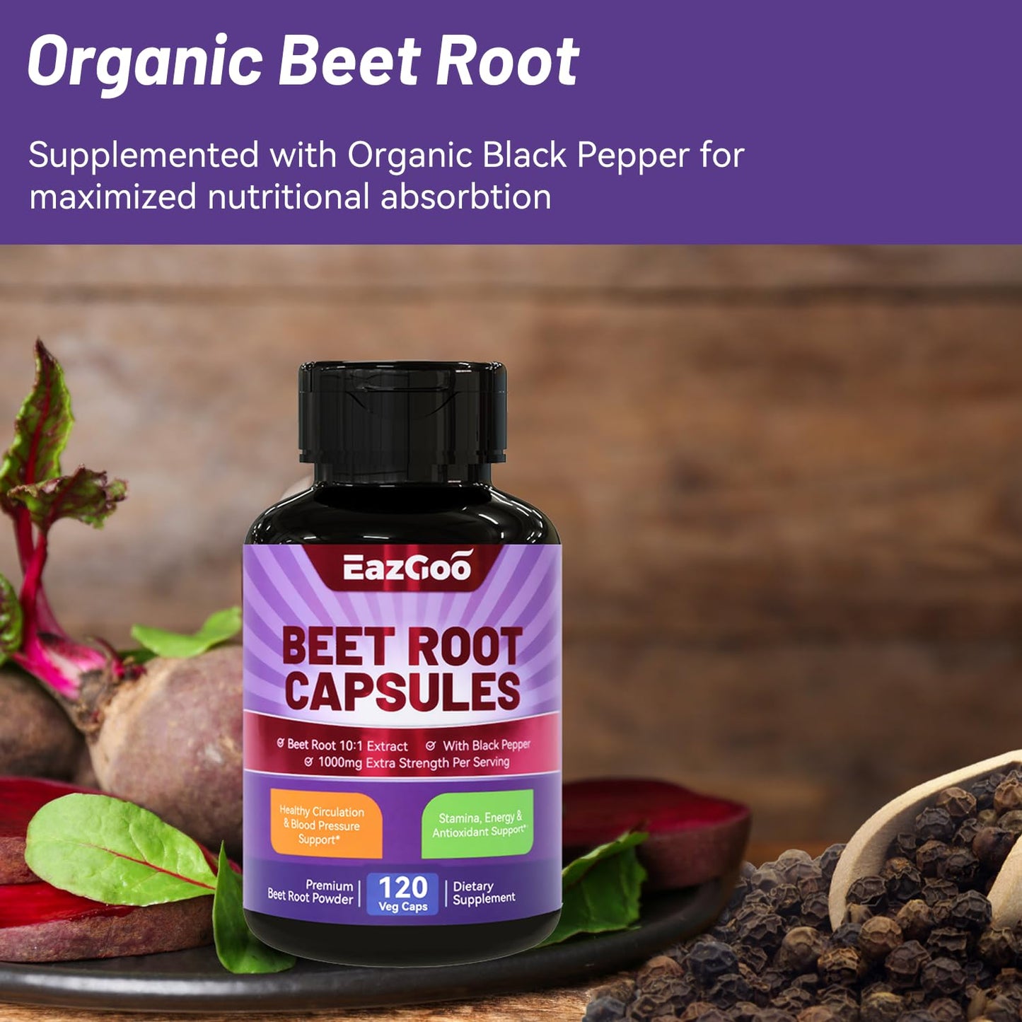 EAZGOO Beet Root Capsules 1000mg Per Serving, Supports Nitric Oxide Production & Blood Pressure, with Black Pepper Extract, Non-GMO, Gluten Free, Vegan - 120 Counts