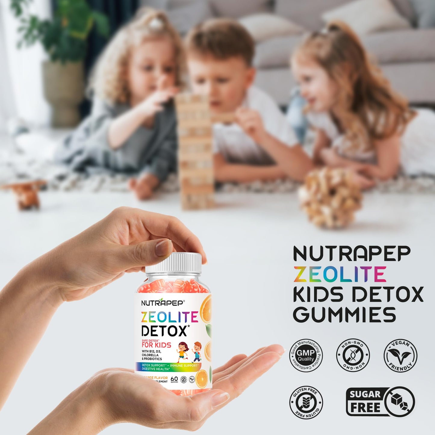 NutraPep Zeolite Detox Gummies for Kids - Total Body Cleanse Micronized Chewables Supplement with Chlorella - Cleanse Out Toxins - Orange Flavor Vegan Non-GMO Gluten-Free