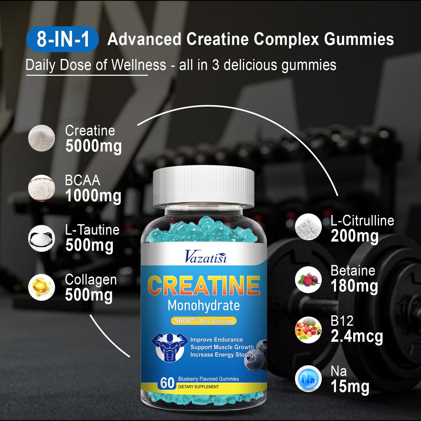 2 Pack Creatine Monohydrate Gummies for Women & Men, Sugar Free Vegan Creatine Supplement for Build Muscles, Increase Energy & Strength, Blueberry Flavor, 120 Count